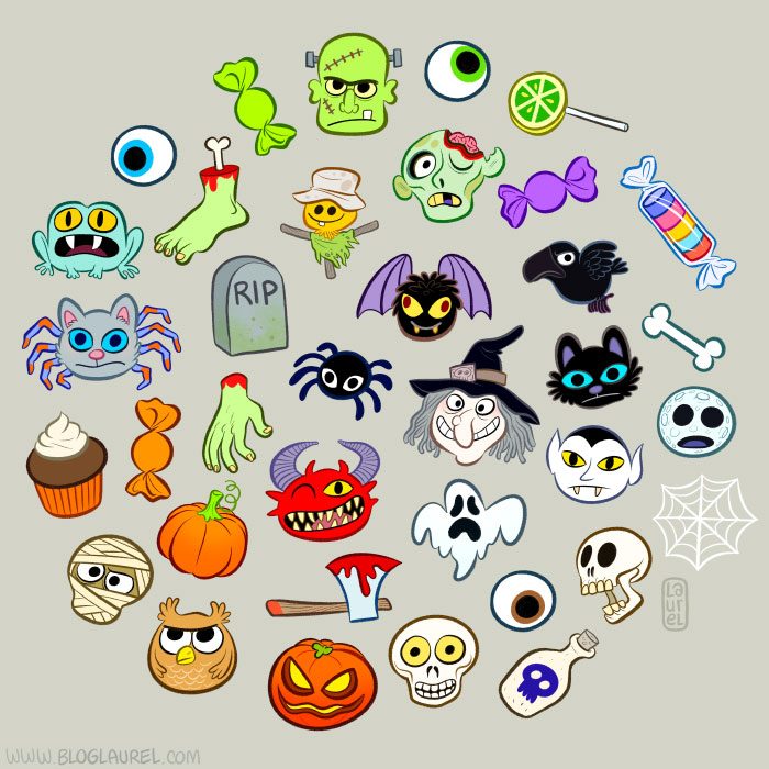 Tout un tas de dessins symbolisant Halloween.