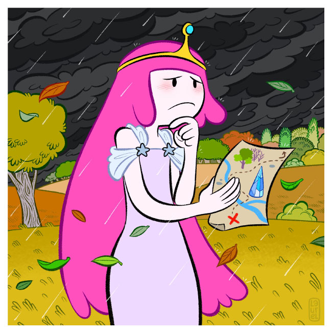Princess Bubble Gum from Adventure time is looking for a treasure with a map.