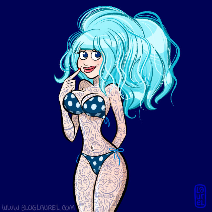 suicide girl with tattoo and blue long hair