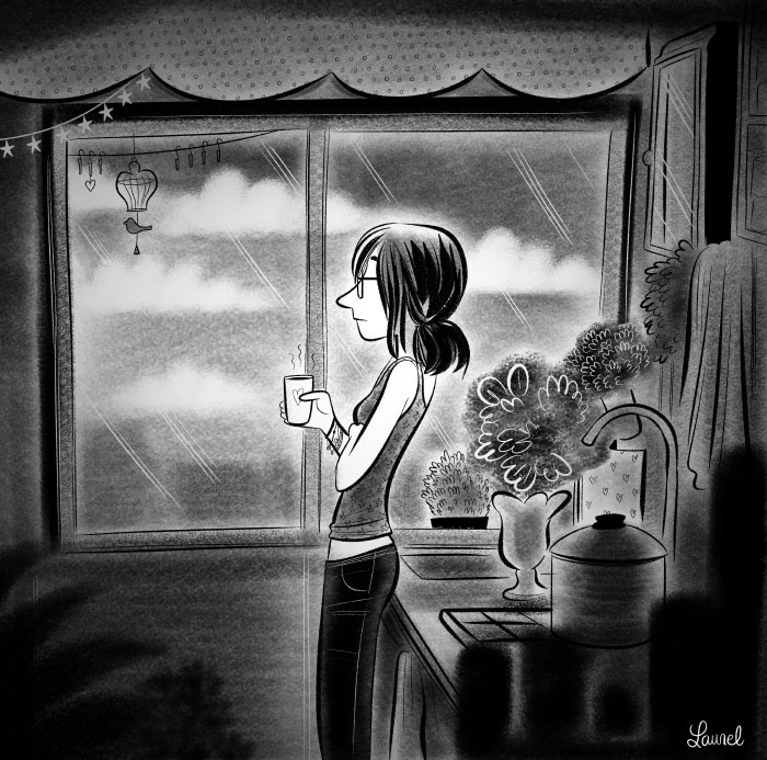 Cecilia with a coffee, in her kitchen. 