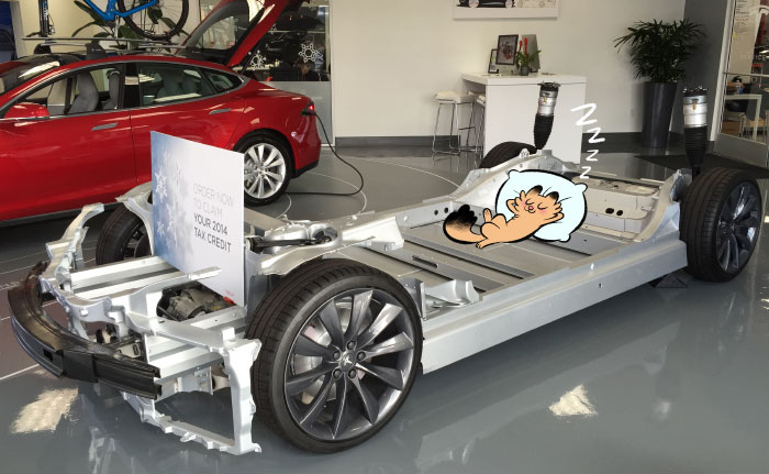 Le châssis de la Tesla est légèr et de bonne qualité. Le chat est en option.