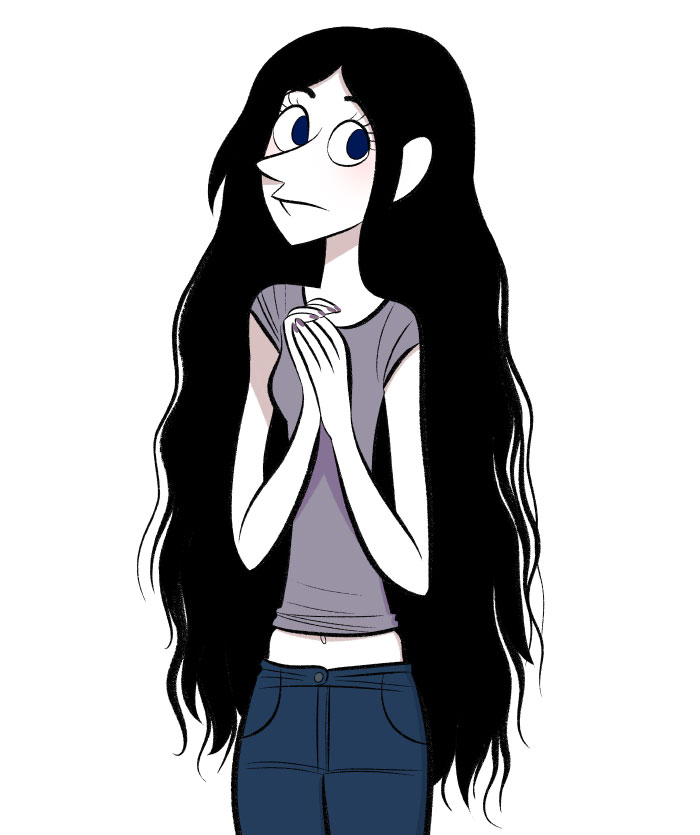 Une fille aux longs cheveux noirs. 