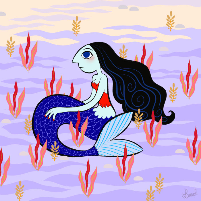 Mermaid, alone, in the deep of the blue ocean.