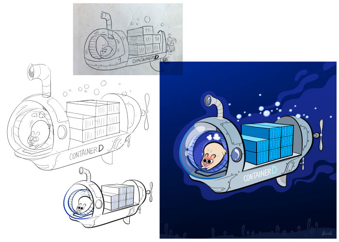 All the steps for drawings for Docker: sketches, ink, and colors. 