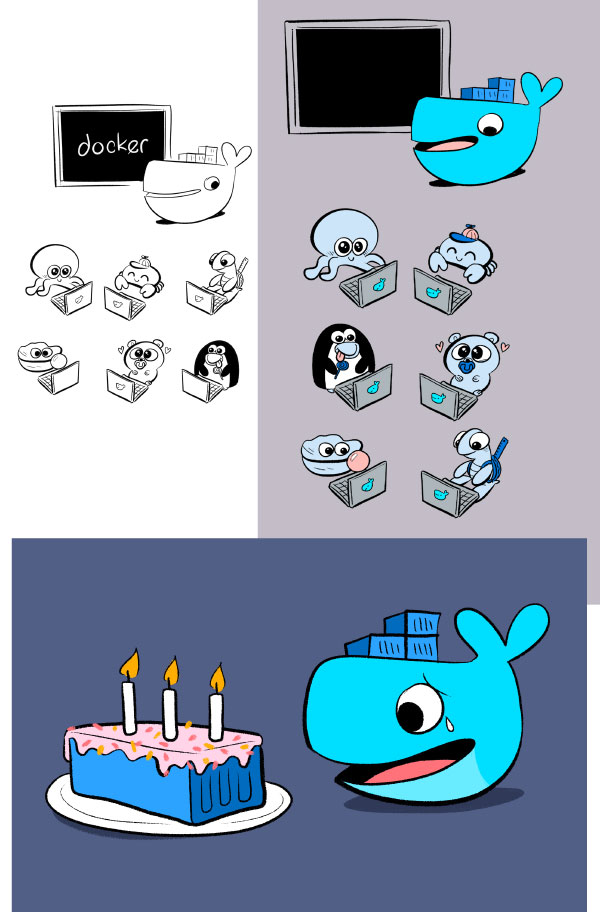 All the steps for drawings for Docker: sketches, ink, and colors. 