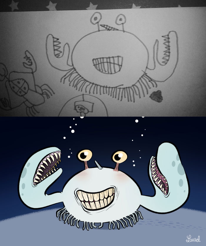 Un crabe aux mains à dents, par Gaspard. Un dessin d'enfant, redessiné. 