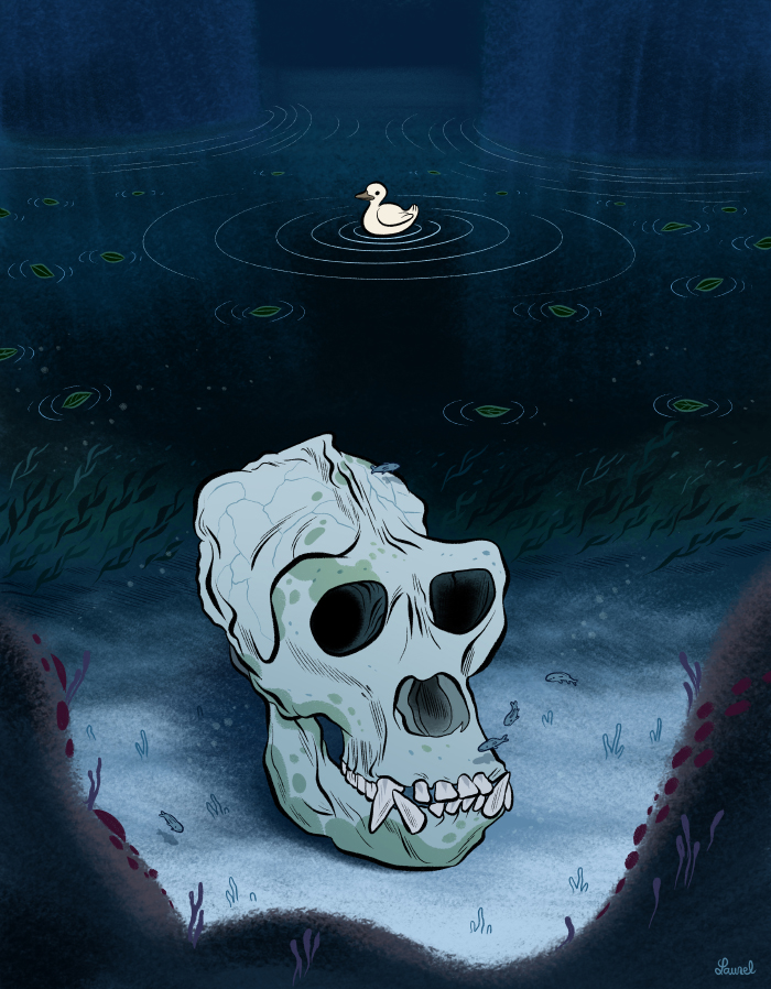 Un crâne de gorille géant sous l'eau. 
